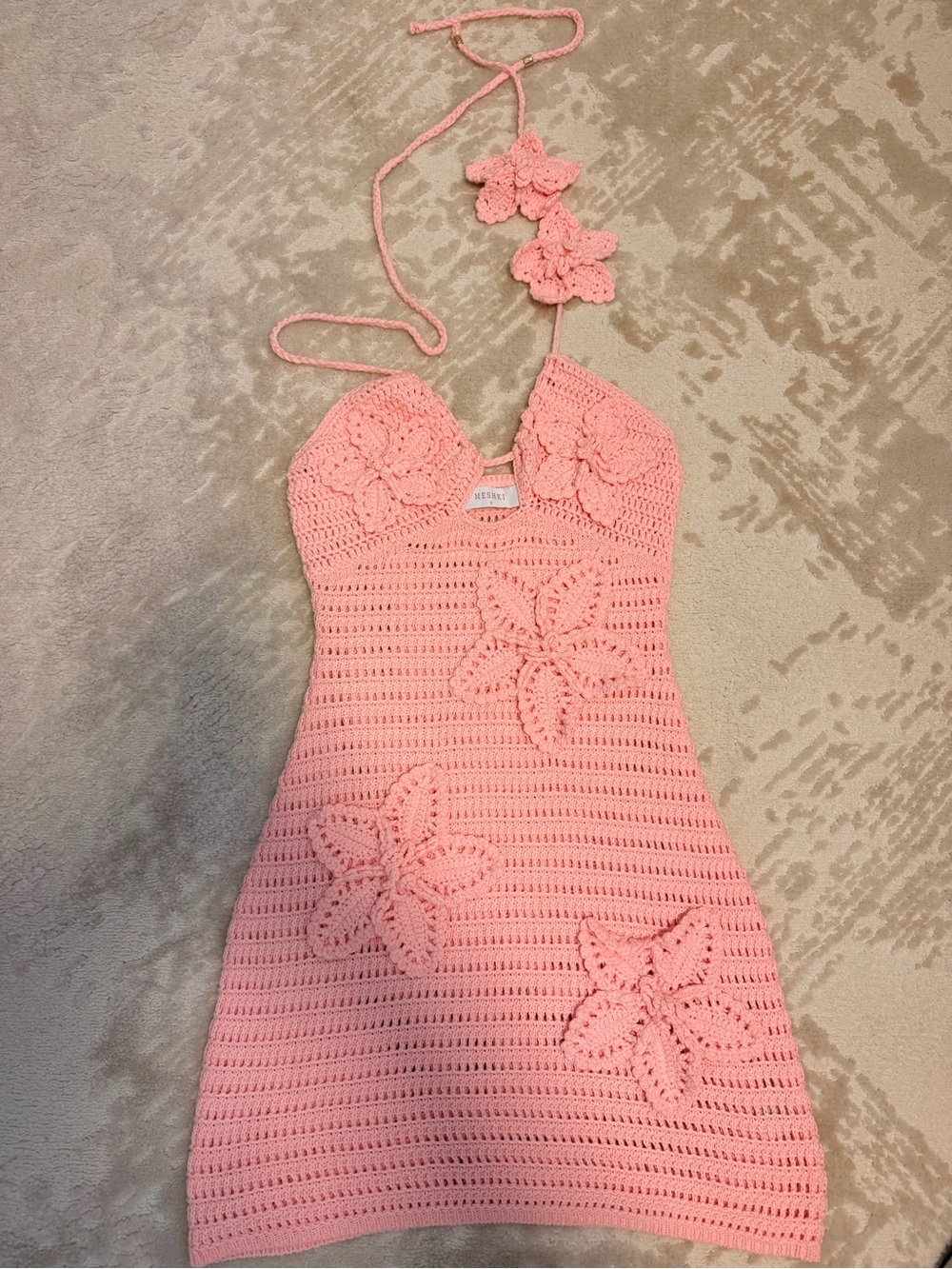 Crochet Flower Halter Mini Dress - Pink Meshki - Picture 3 of 3